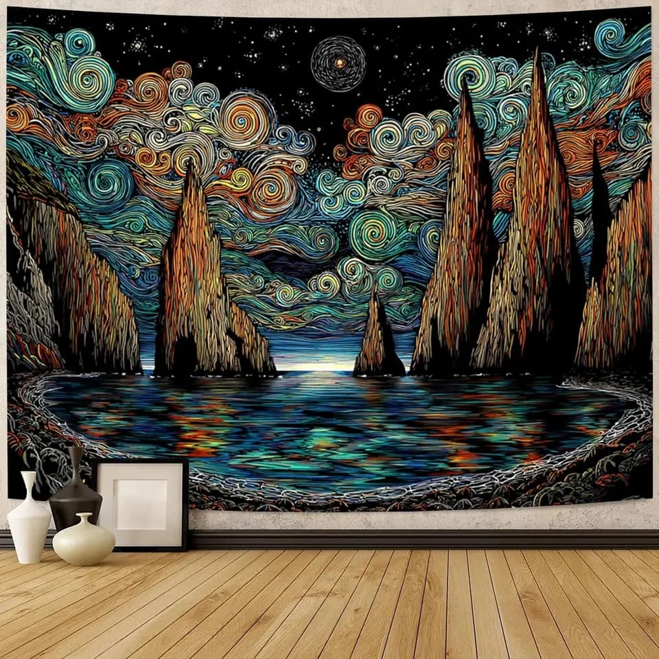 Cross-border dropshipping Van Gogh wind starry sky sea peak landform wall background cloth tapestry aesthetic home decoration