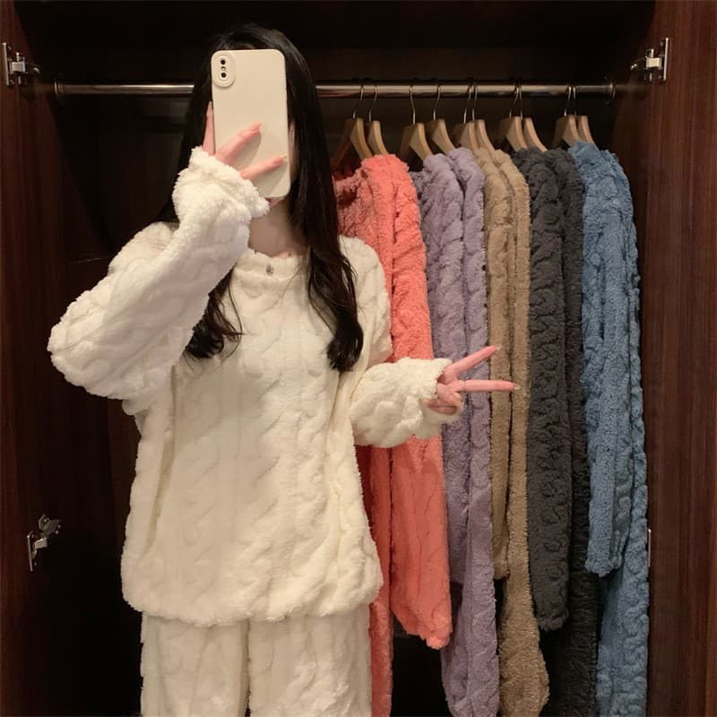 Coral velvet jacquard suit pajamas autumn and winter thickened velvet couple casual warm suit flannel home clothes