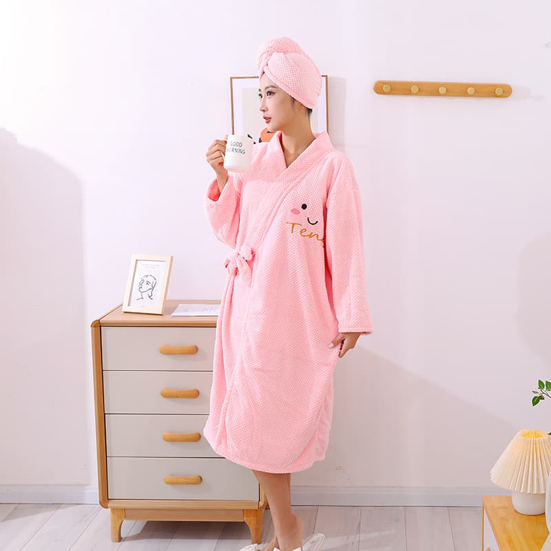 Women's winter bathrobe, towel, coral fleece, thickened, home use, cross-strap, long-sleeved bath skirt, hair drying cap, wholesale.