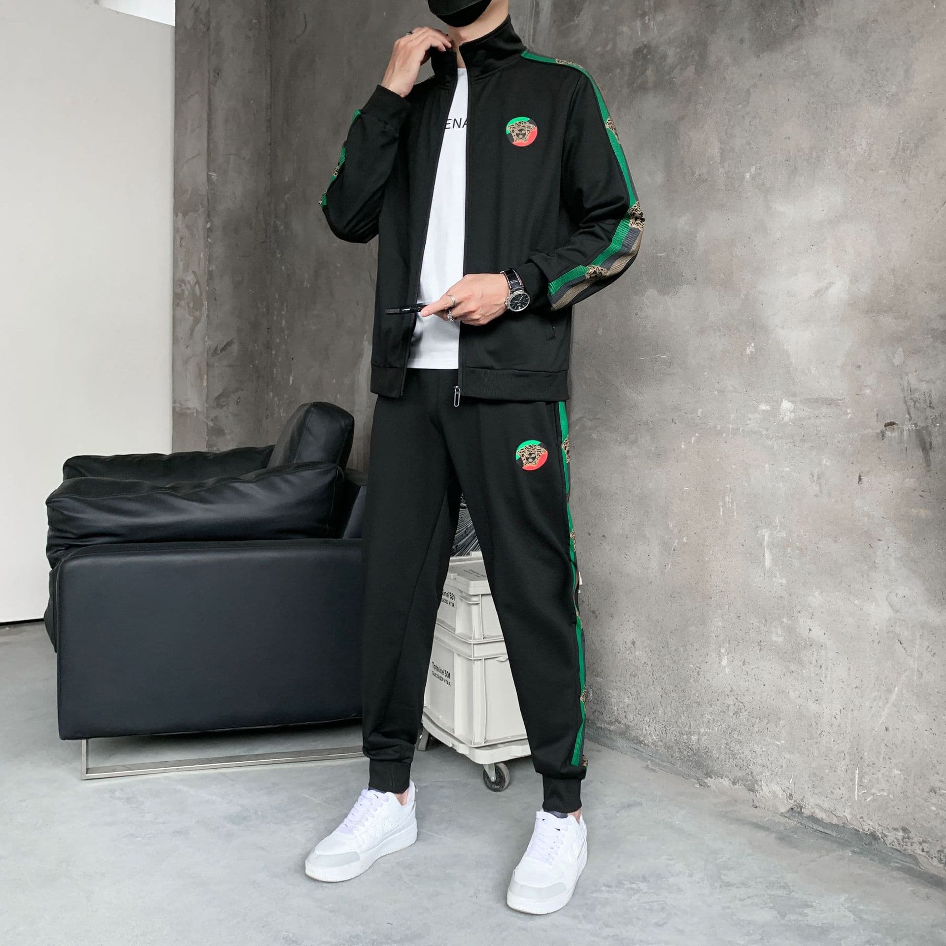 Premium Live Streaming Sweatshirt Set Men Trendy Korean Style Cardigan Jacket Long Sleeve Casual Sportswear Two-Piece Pants Men