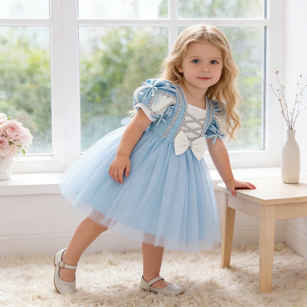 European and American Children's Princess Dress Western Style Bow Little Girl Snow White Party Dress Girl's Dress