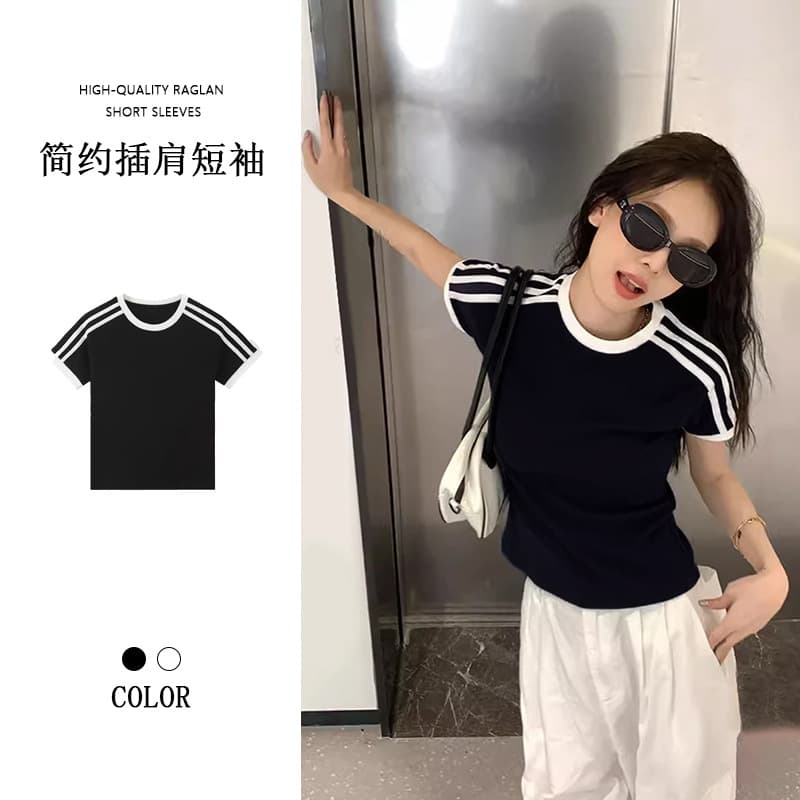 Summer Slimming Pure Desire Hot Girl Half-Sleeved Short Top Contrast Three Stripes Striped Right Shoulder Short-Sleeved T-Shirt for Women
