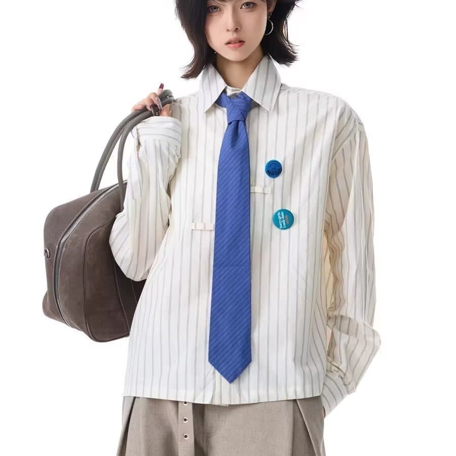 American Retro Badge Striped Shirt for Men and Women, Loose Casual Versatile Long-Sleeve Shirt Jacket for Spring and Autumn, Trendy