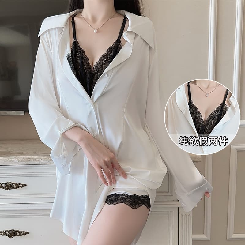 DZ Sexy Deep V Lazy Open Front Shirt Sweet Lace Loose Boyfriend Style Sleepwear Set 5454