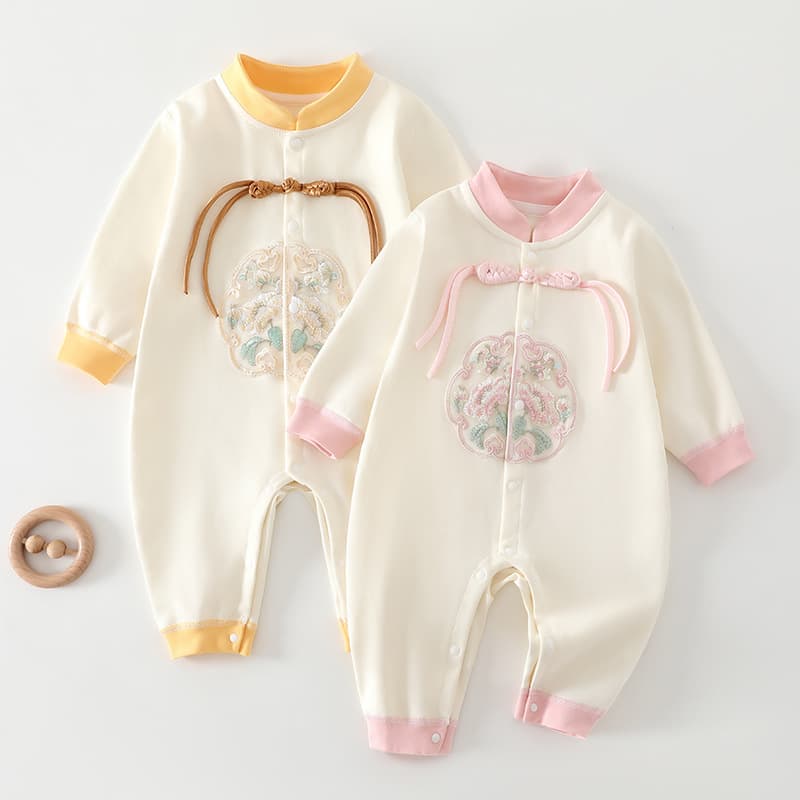 Baby Chinese-style Romper, Cotton Long-sleeve Bodysuit for Newborns, Autumn Full Moon Design, National Trend Onesie