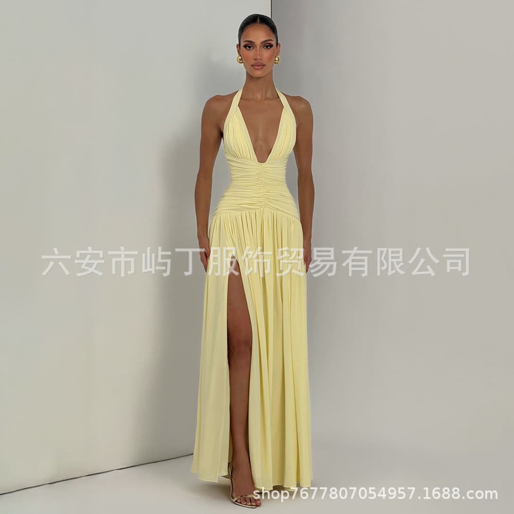 AliExpress Cross-border European and American Style New Elegant Split Gown Dress with Halter Neck, Slim Fit, Sexy Backless Design