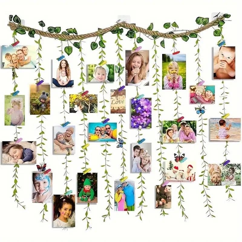 Photo Wall Combination Hanging Photo Wall Display Wall Creative Self-Adhesive Hemp Rope Vine Leaf Wall Decoration