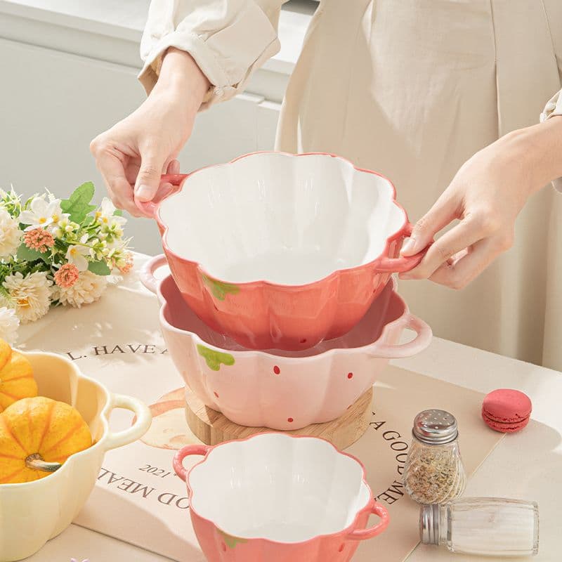 Double-Handle Soup Bowl Ceramic Noodle Bowl for Home Strawberry Large Capacity Instant Noodle Bowl Ins Style Soup Basin Large Bowl Luosifen Bowl