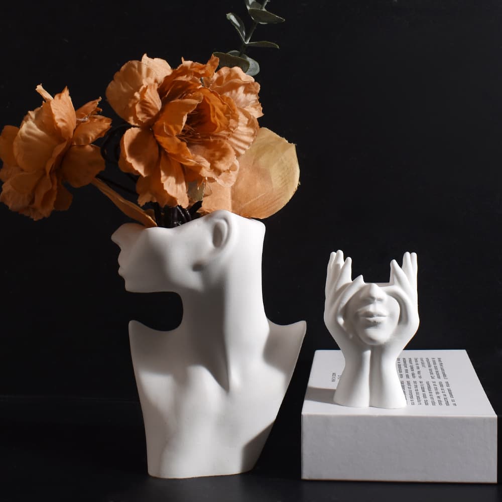 ins abstract art human face vase mold Nordic character holding head in both hands and arranging vase plaster silicone mold