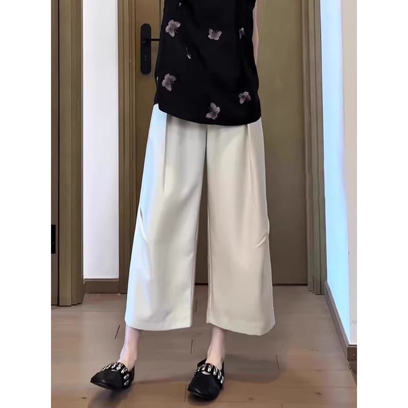 New Chinese Style Satin Acetate Casual Wide-Leg Pants for Women, Summer Thin 2025 New Loose Straight Cropped Pants