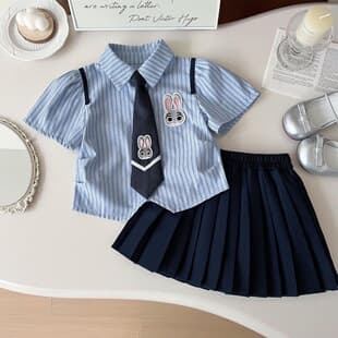 2025 Summer Striped Cartoon School Style Girls Dress Cute Little Rabbit Uniform Short Sleeve Shirt Dress Set