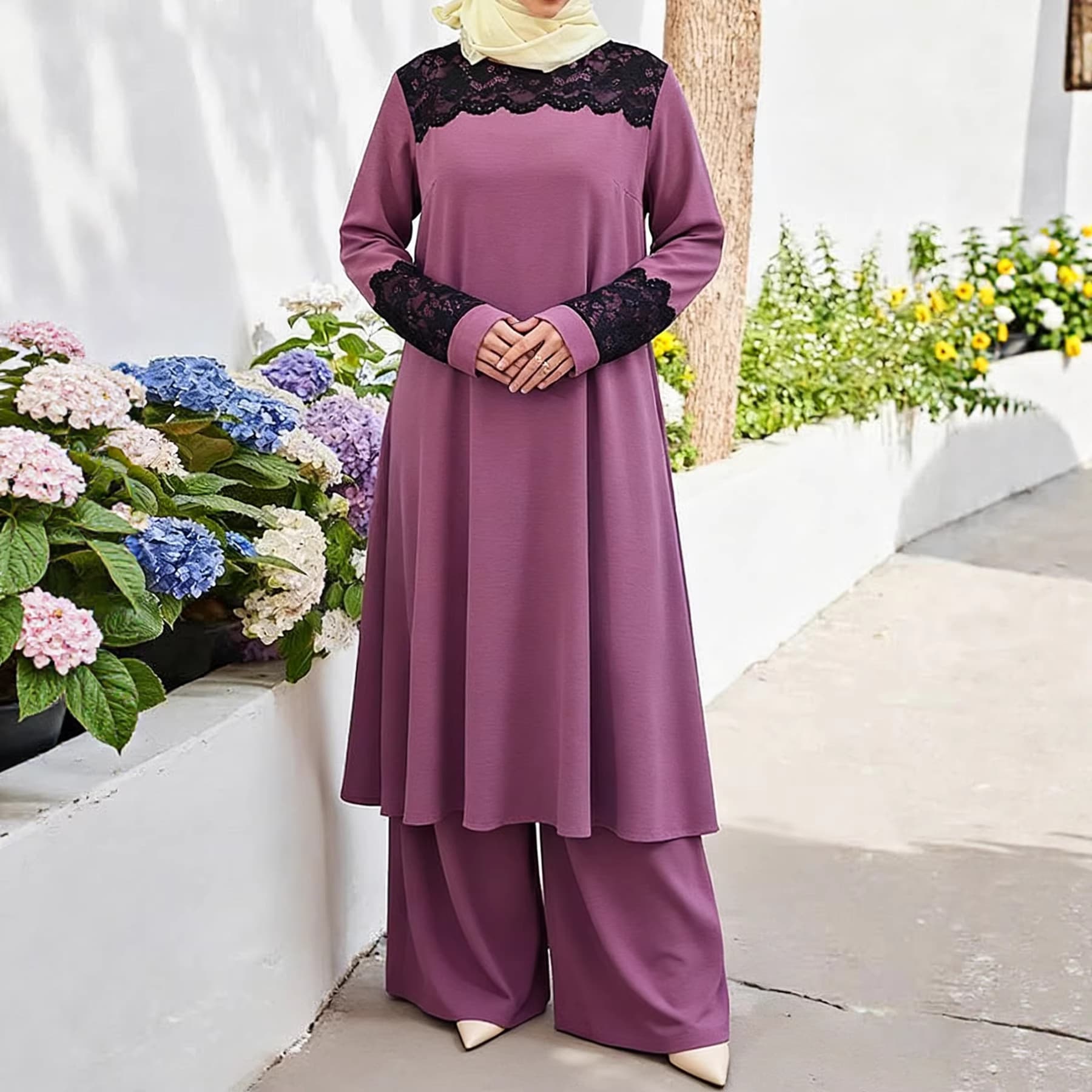 Women's Long Sleeve Lace Patchwork Loose Long Dress + Matching Wide-Leg Pants Abayas Casual Set