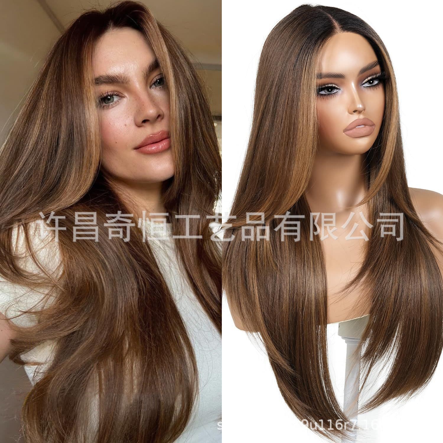 European and American wig with center part, layered long bangs, straight 26-inch gradient and highlighted synthetic hair wig