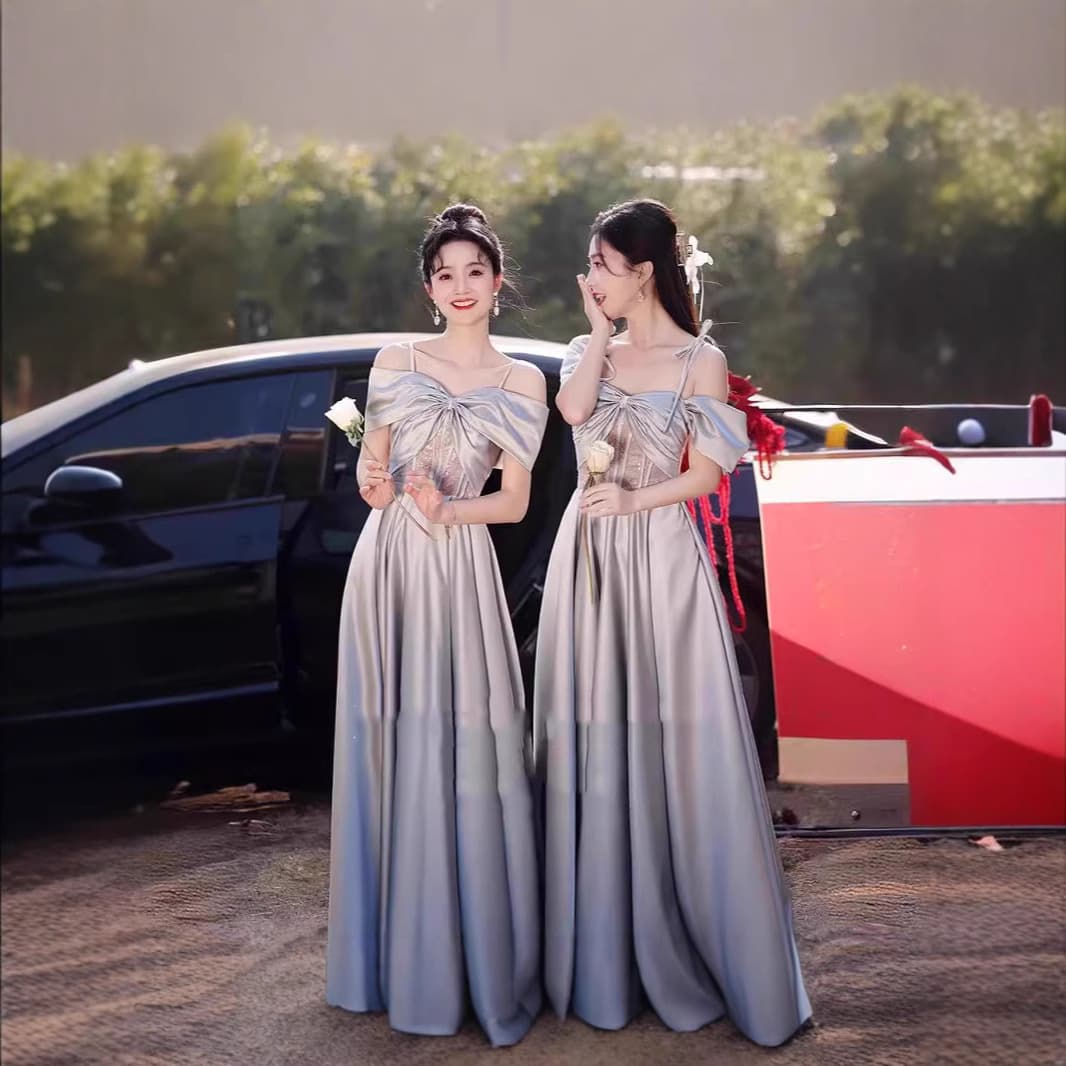 Gray Bridesmaid Dress 2026 New Satin Bridesmaid Dress for Bridal Party Sister Dress Simple High-End Niche Style
