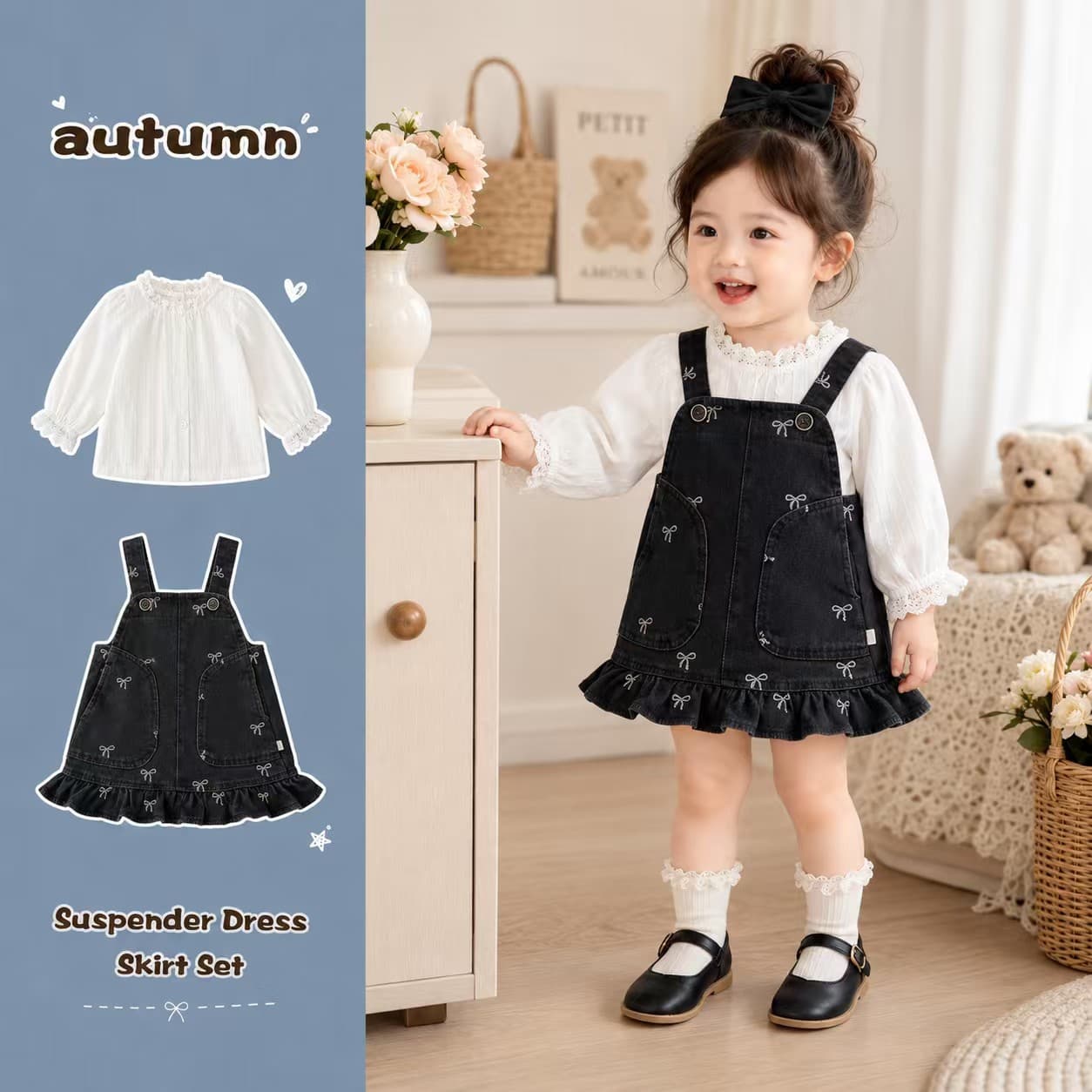 Spring Autumn Girls Set Korean Style Baby Girl Clothes Lantern Sleeve Doll Top Denim Suspenders Skirt Two-piece Set