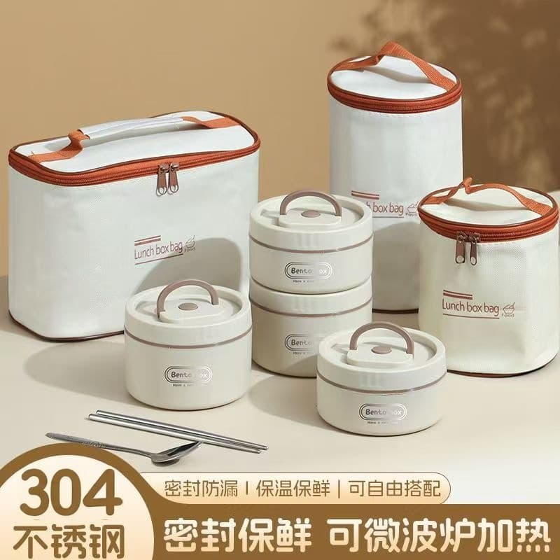 304 stainless steel insulated lunch box double-layer lunch box microwave heated round portable lunch box for students and office workers