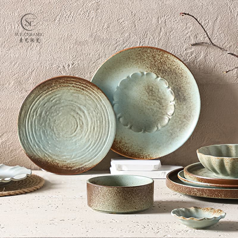 Plain Blue Japanese Retro Ceramic Plates High Aesthetic Hotel Tableware Microwave-safe Western Plate Salad Bowl and Dish Set