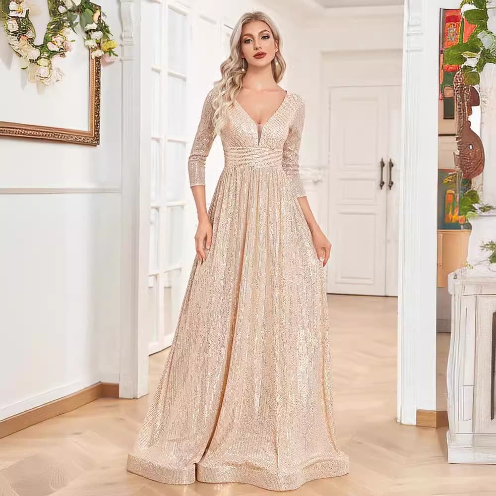 Elegant Shiny Long Sleeve V-Neck High Waist Evening Dress for Women Cocktail Party Gown with Sequins Cotton Fabric