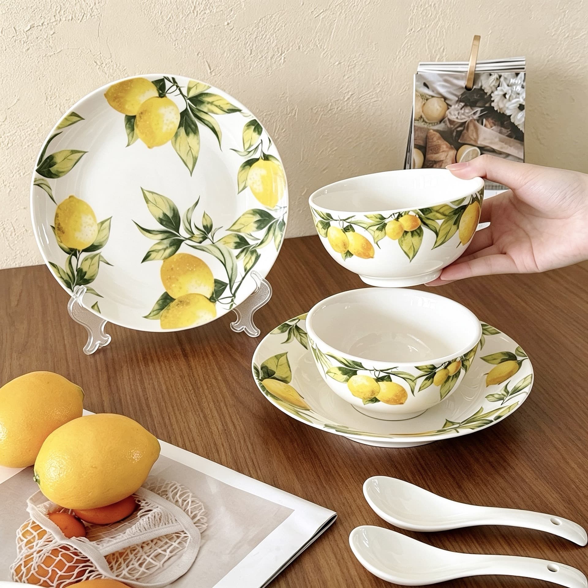 Trendy Ins Style Lemon Ceramic Tableware Set for Home, Fresh, High Temperature Resistant, Easy to Clean, Bowl Plate Spoon Chopsticks Combo