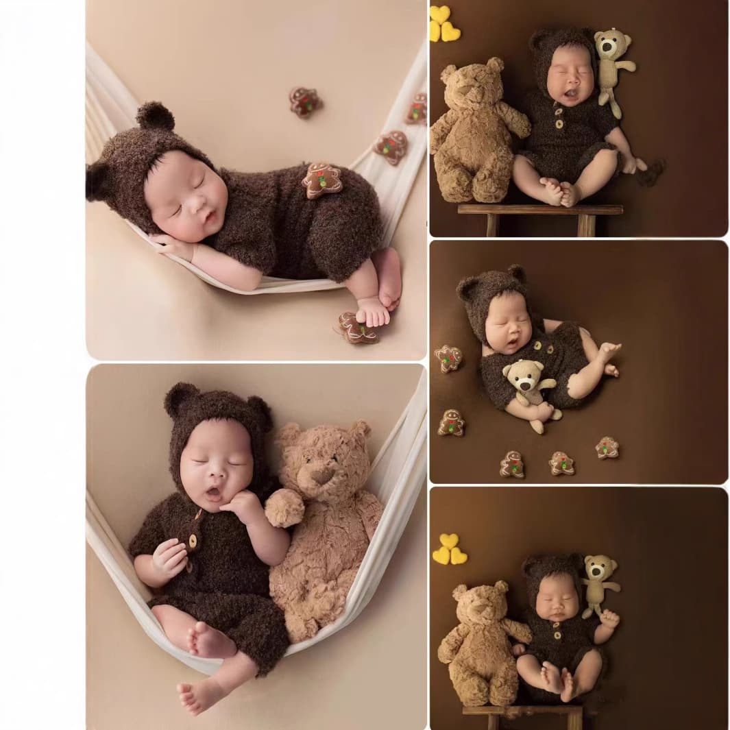 Newborn Photography Prop Coffee Brown Bear Hat and Romper Set, Cross-border Baby Photo Outfit