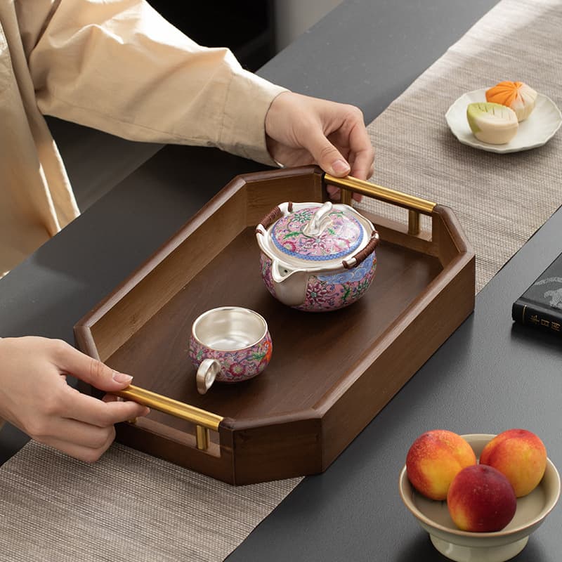 Simple Metal Octagonal Handle Multi-Function Tea Tray, Serving Tray, Dried Fruit Tray, Tea Offering Snack Tray, Bamboo Dry Brewing Tray, Tea Table