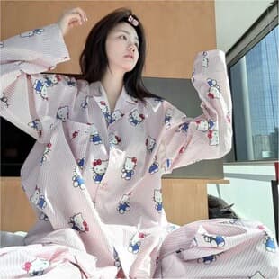Sweet Striped All-Over Print Cartoon KT Pajama Set for Women, Cloud Cotton, Korean Ins Style, Wear-Out Loungewear Set