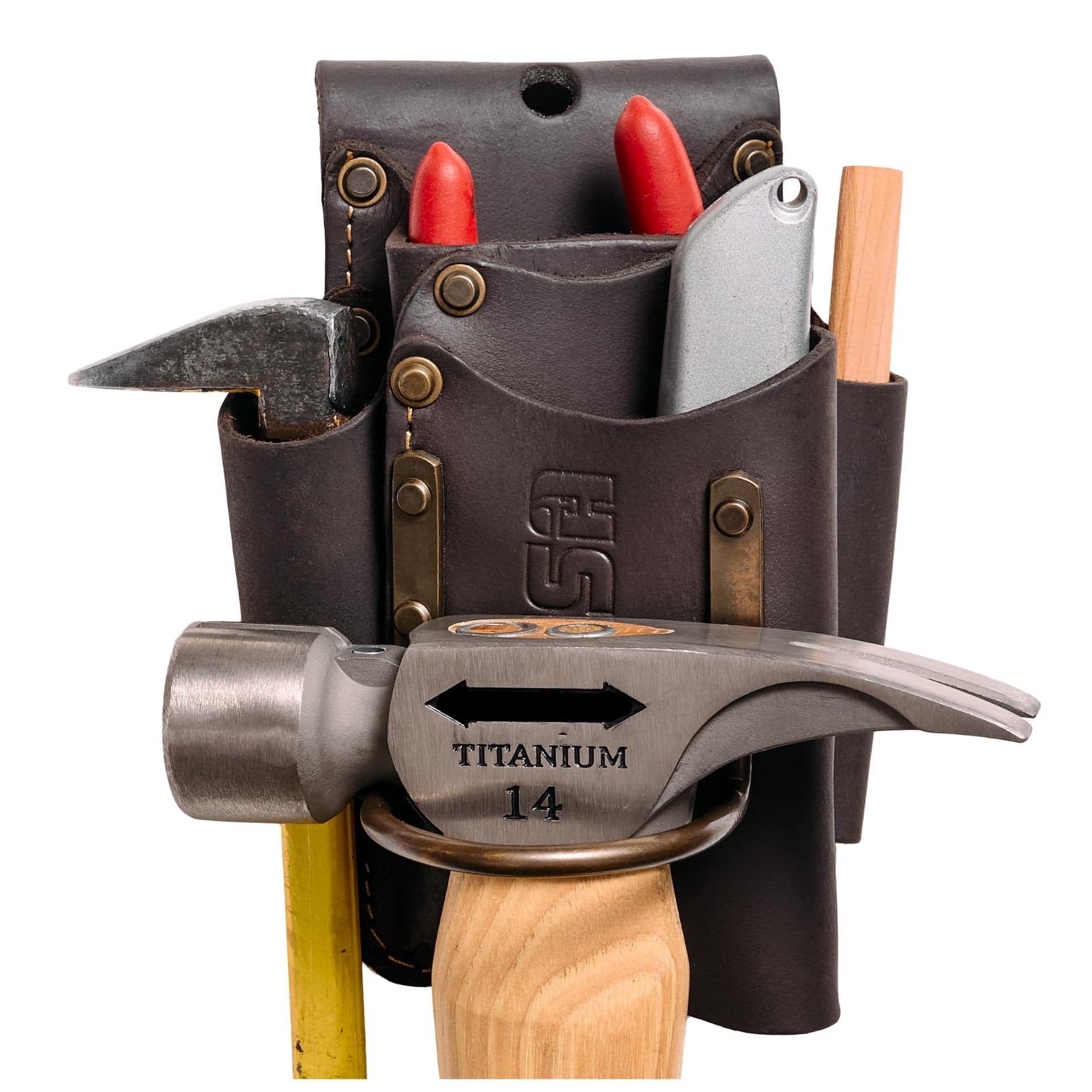Small Tool Pouch - 5-in-1 Top Grain Leather Small Tool Bag with Steel Hammer Loop