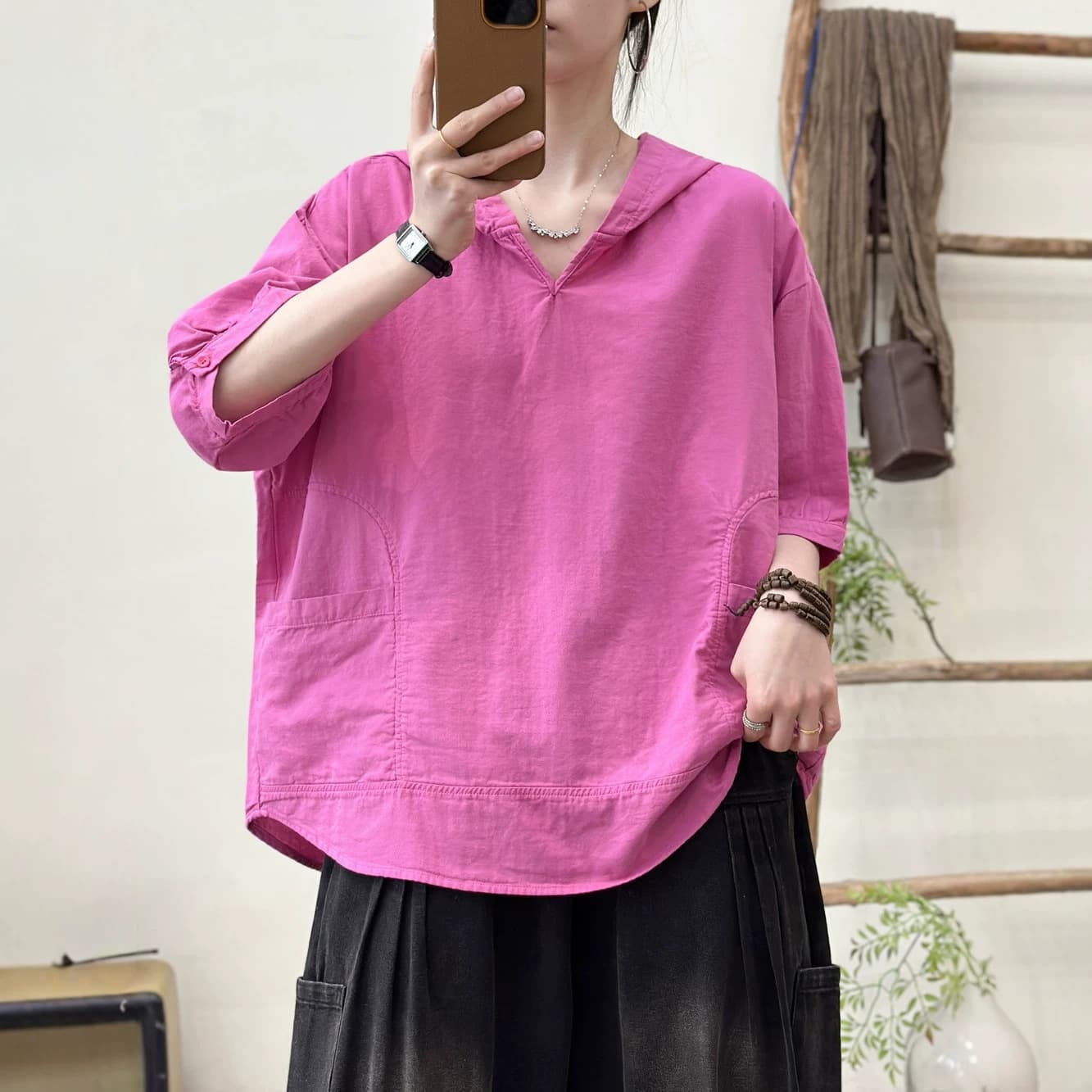25178 Fashionable Oversized Solid Color Double Pocket Hooded Short Sleeve T-Shirt Shirt Women's 2026 Summer New Casual Top