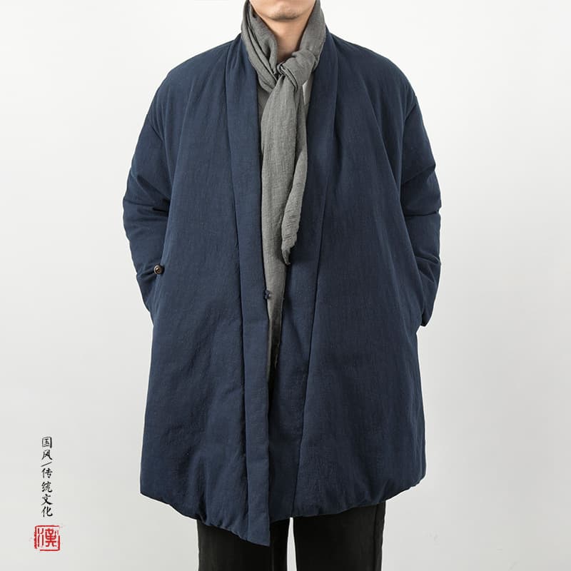 2023 Winter New Style Chinese Retro Trendy New Chinese Style Cotton Linen Jacket for Men, Modified Hanfu Cotton-padded Coat