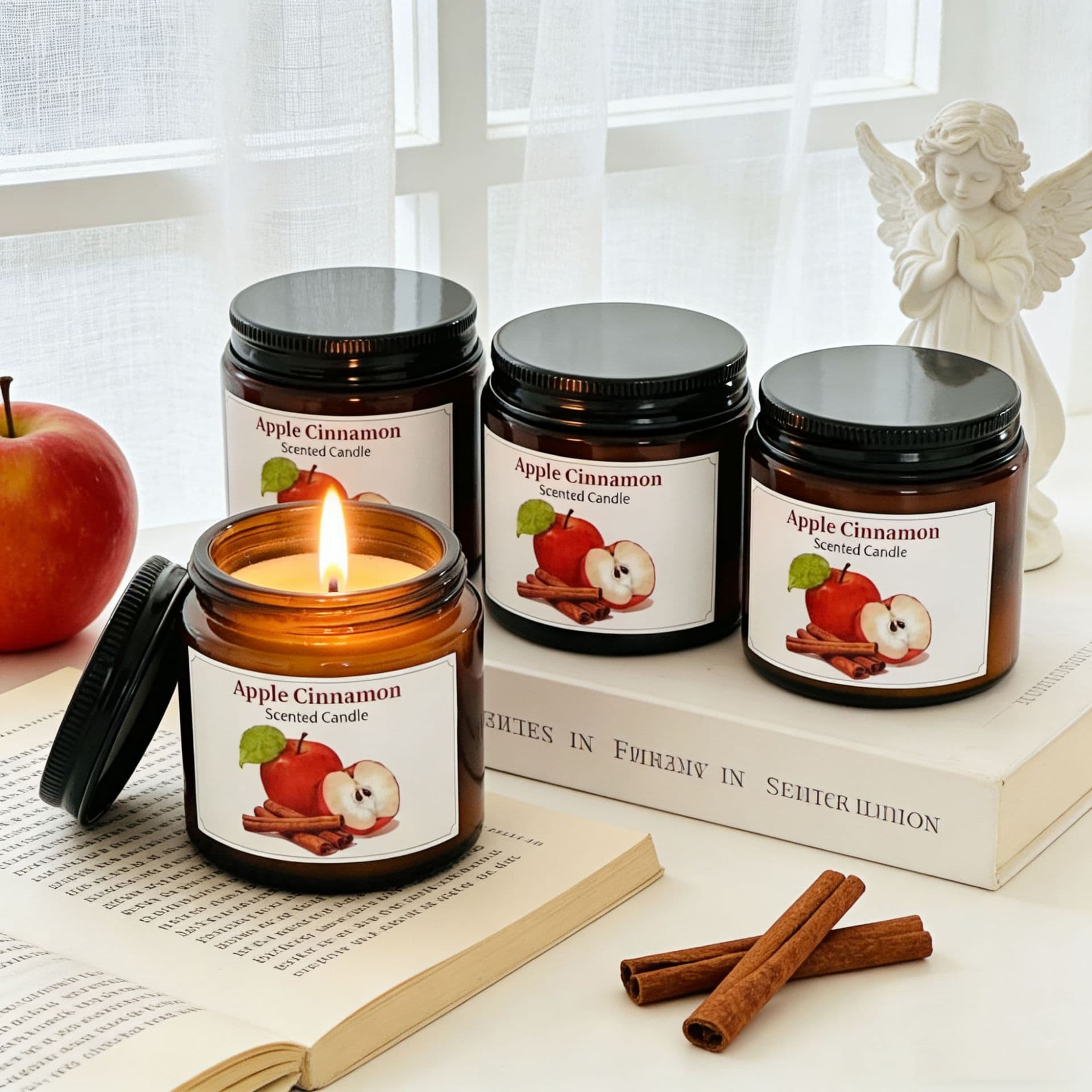 Best-selling Apple Cinnamon Aromatherapy Candle, Soy Wax, Brown Glass Jar, Scented Gift for Weddings and Holidays