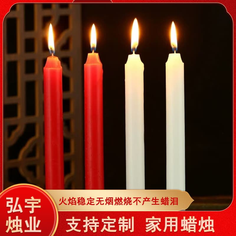 The manufacturer supplies multiple specifications of household red and white candles, cylindrical long-stem paraffin general lighting, Buddha worship emergency candles