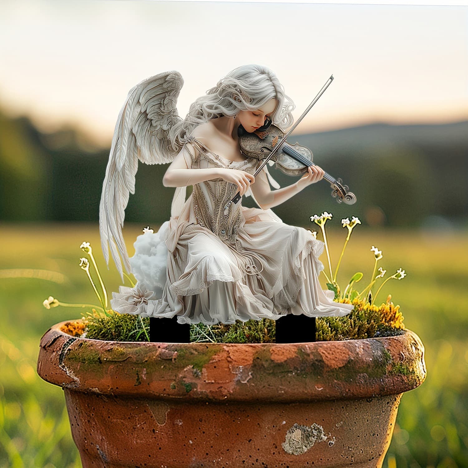 White Angel Playing Violin Acrylic Garden Stake Pot Lawn Farm Decorative Sign Post American Country Style Printed Personal Gift