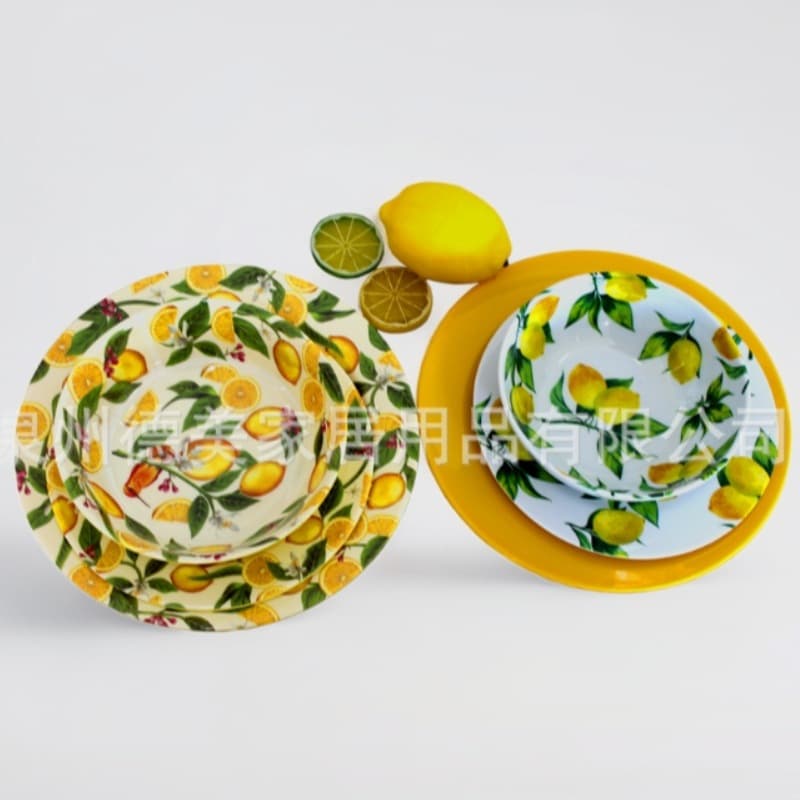 2024 Lemon Pattern Melamine Camping Tableware 12-Piece Set, Colorful Melamine Imitation Porcelain Plate and Bowl Combo Set