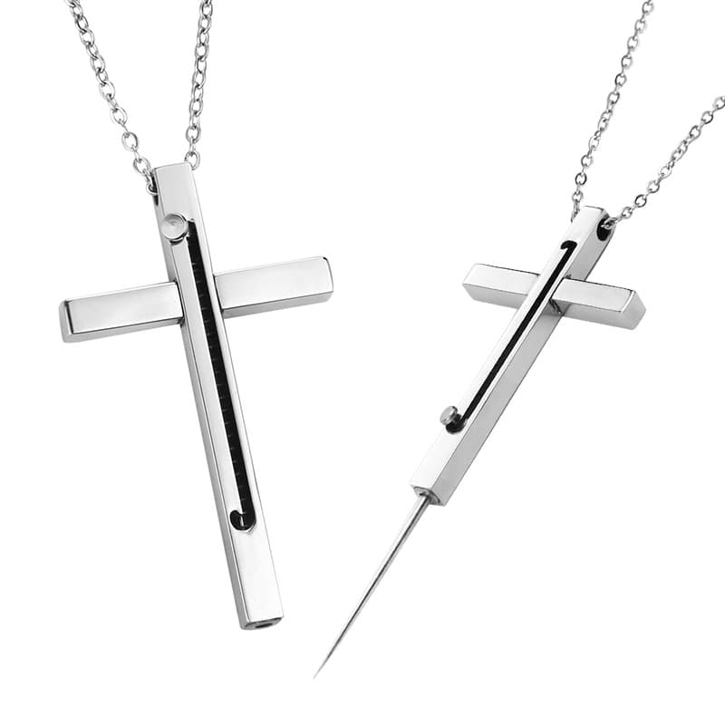 Women's Self-Defense Cross Necklace Anti-Wolf Tool, SIM Eject Pin, Fruit Pick, Retractable Toothpick