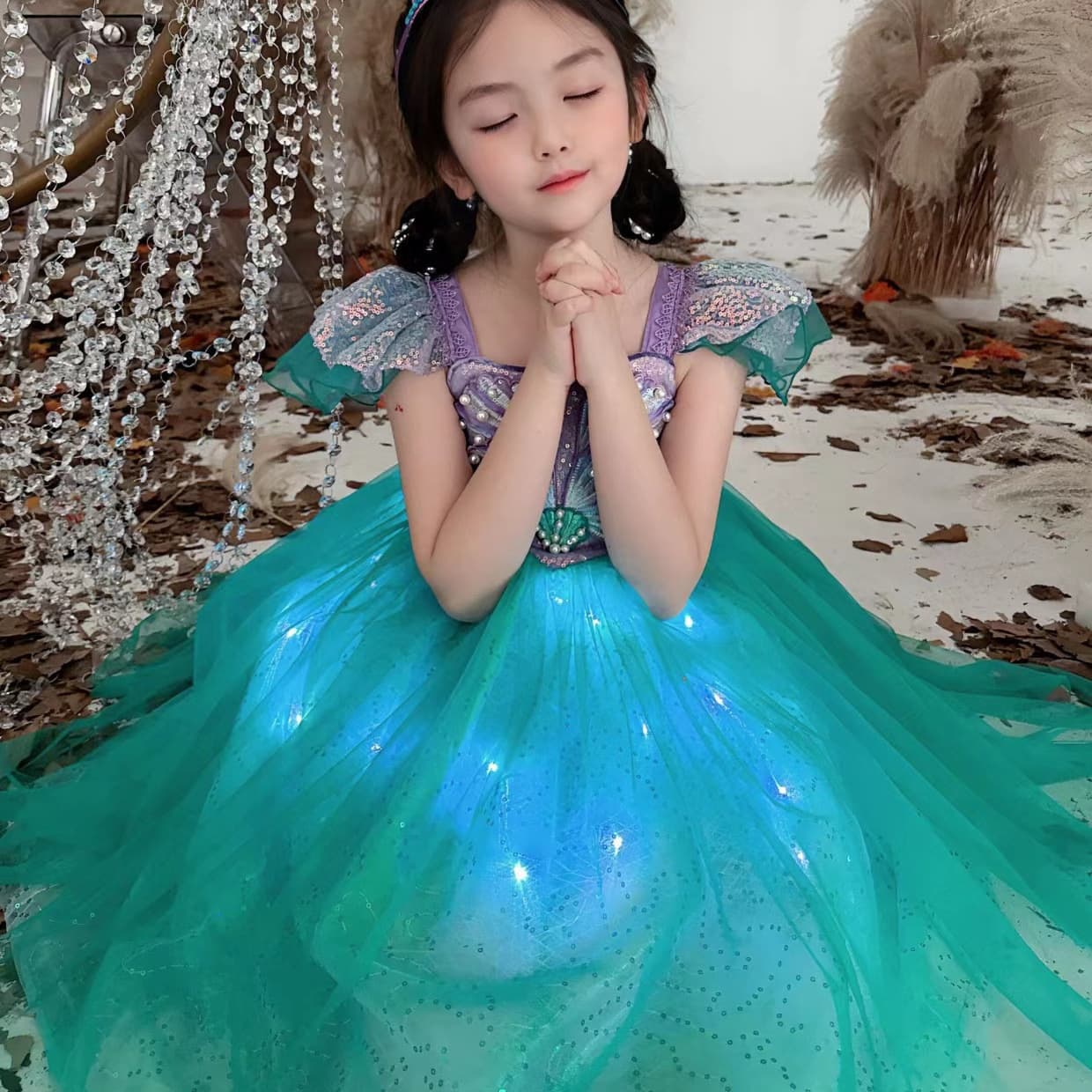 Girls Ariel Princess Dress Summer Children's Little Mermaid Glowing Dress Little Girl Mermaid Tulle Tutu Dress