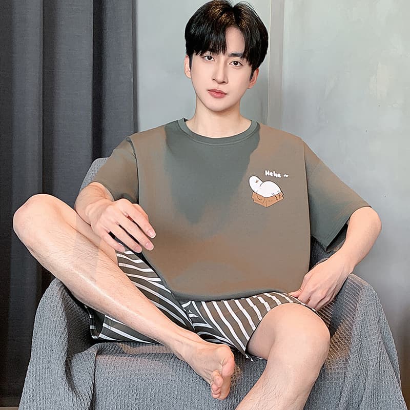 Boys' and Teenagers' Summer Cotton Short Sleeve Pajamas 2026 New Plus Size Youth Men's Homewear