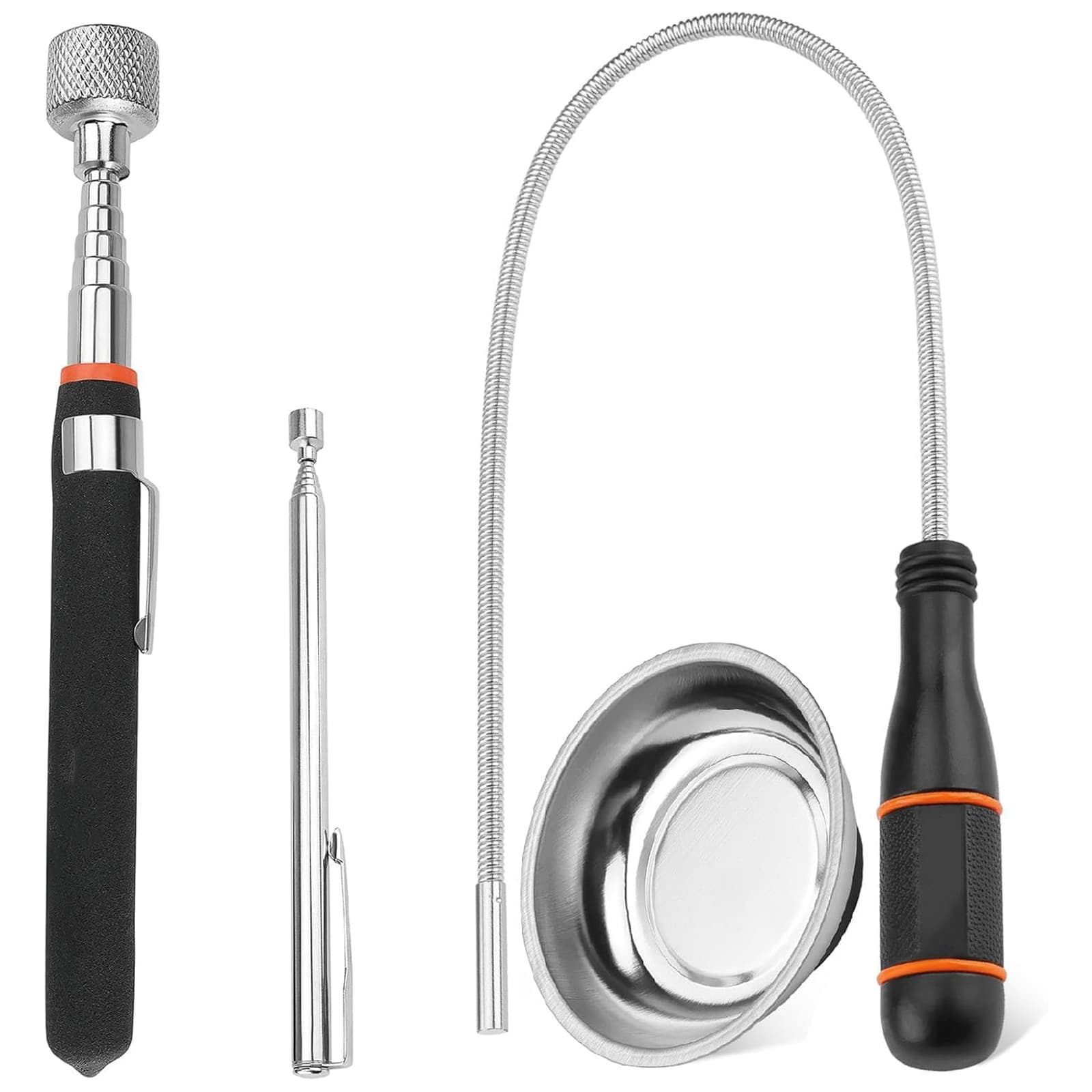 4-piece extendable and bendable magnetic pickup rod set for picking up metal parts.
