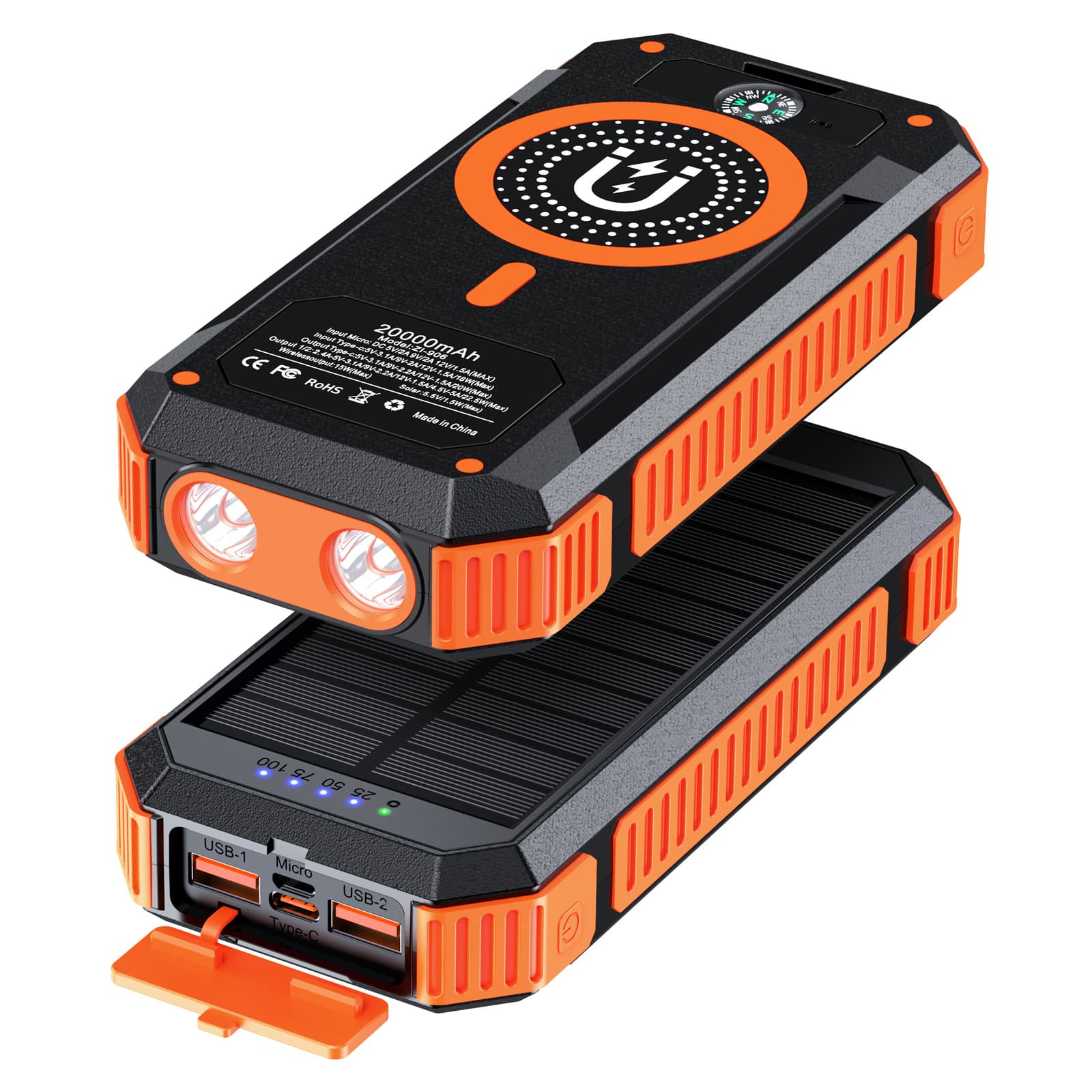 New magnetic 15W solar power bank with 20000mAh wireless charging and large capacity for mobile phone charging