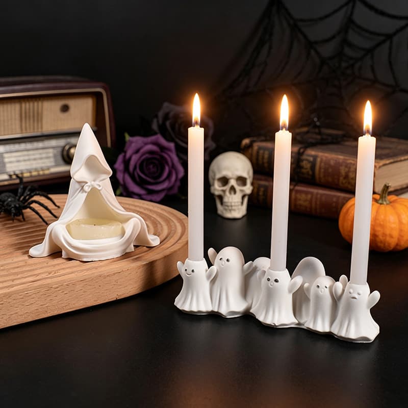 Cross-border Halloween Wizard Candle Holder Silicone Mold Plaster Faceless Cloak Hat Row Ghost Candle Base Mold