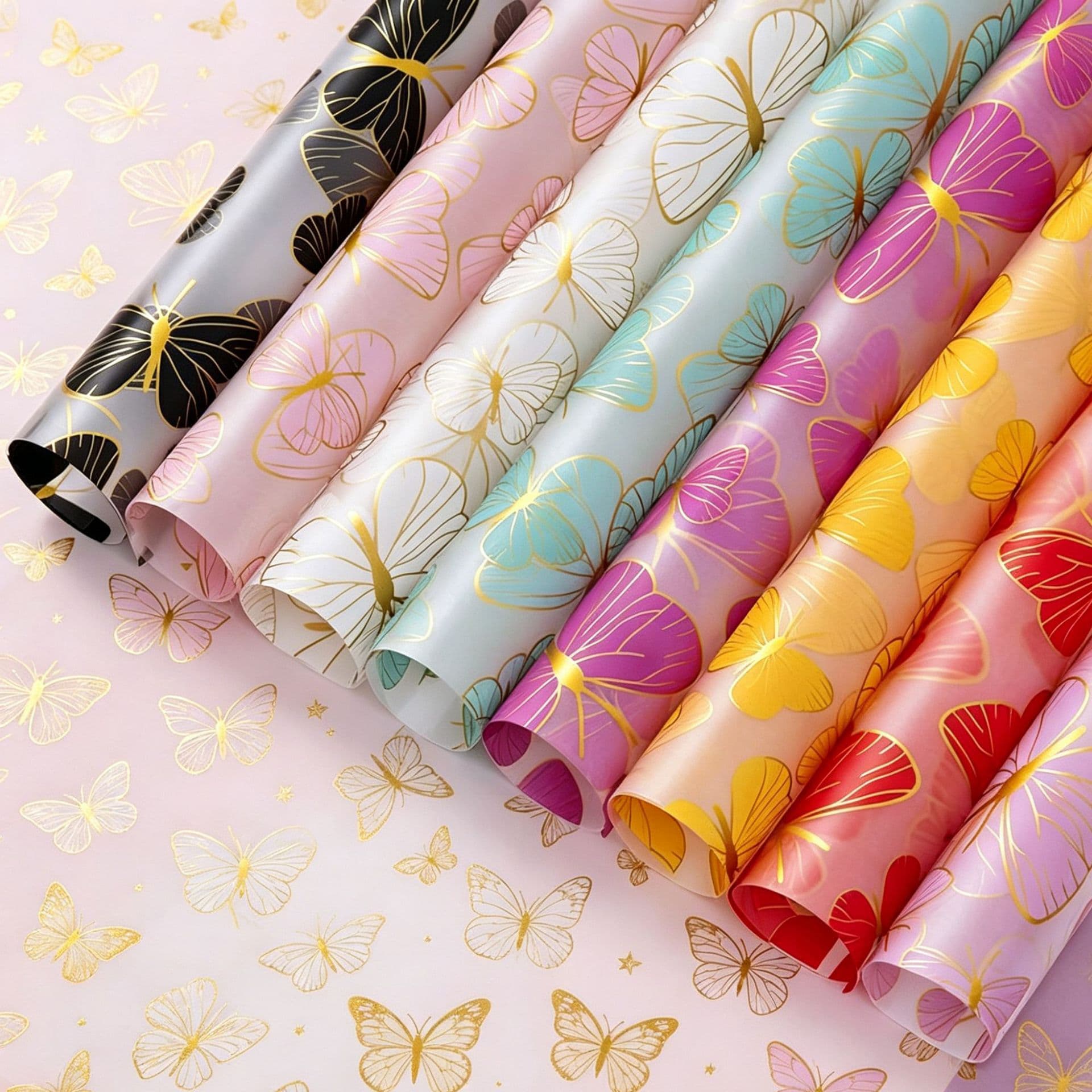 Valentine's Day Flower Bouquet Wrapping Paper, Gift Wrap, Floral DIY Materials, Holiday Gold Butterfly Wrap Paper