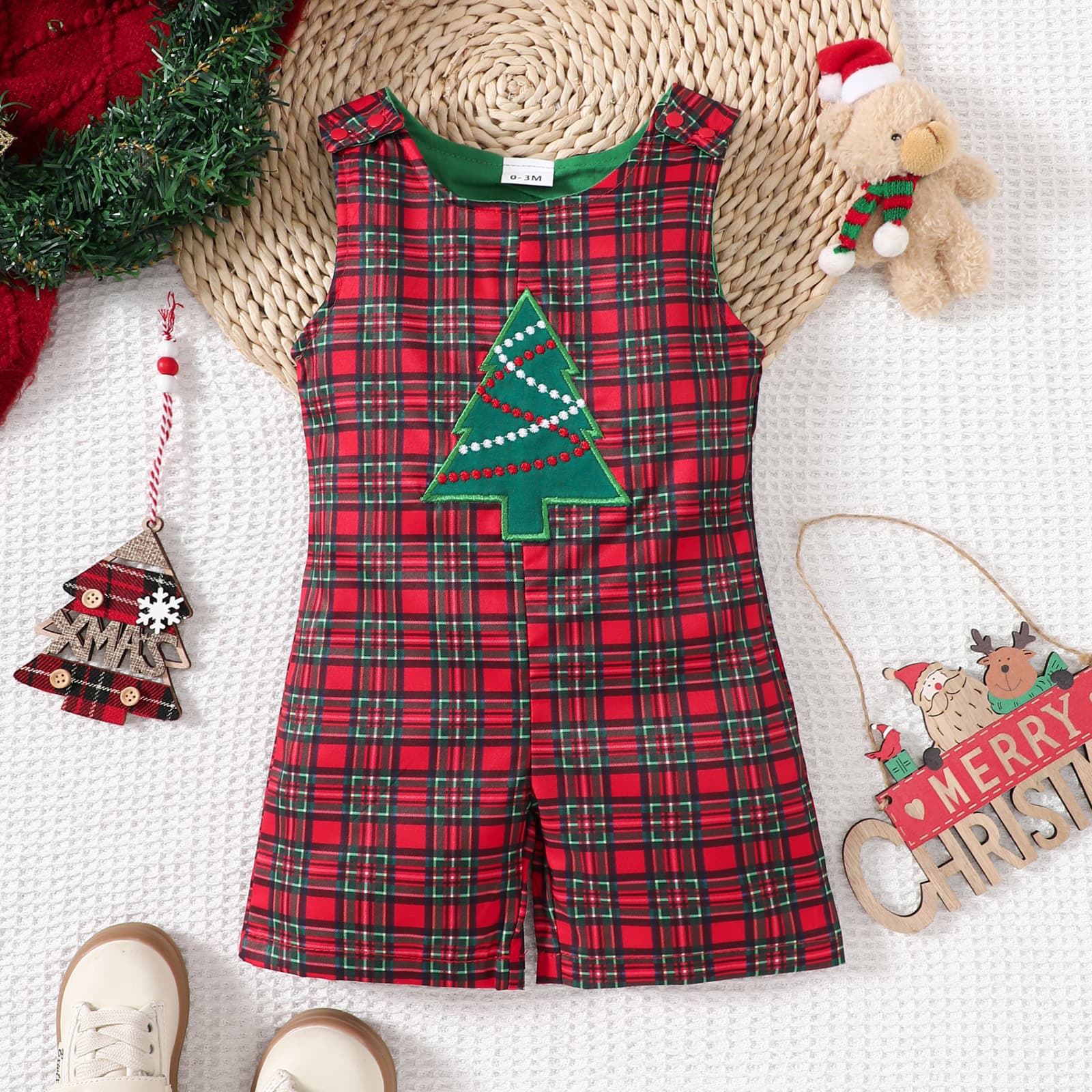 Christmas children's clothing baby Christmas plaid jumpsuit cartoon Christmas tree embroidered long-legged crawler suit
