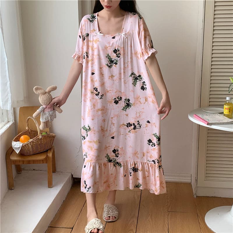 Cotton Silk Nightgown Women's Spring and Summer New Short-sleeved Over-the-knee Extra-long Pajamas Internet Popular High-end Floral Home Clothes