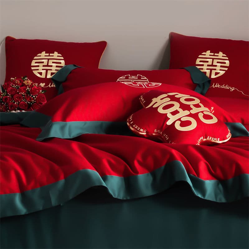 All Cotton Pure Cotton Long-Staple Cotton Wedding Character Four-Piece Set Newlywed Bright Red Fitted Sheet Red Bedding Four-Piece Set Factory