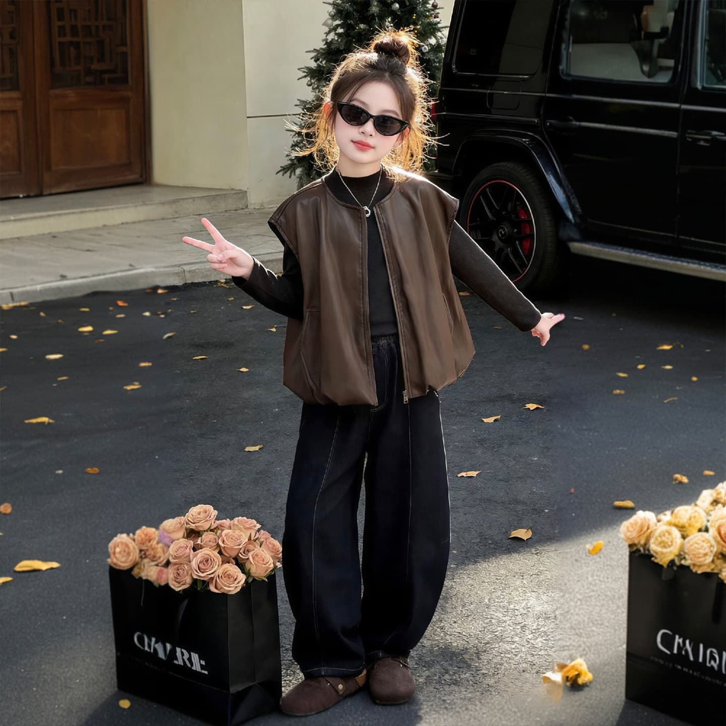 Girls' Set Spring Autumn 2026 New Style Fashionable Children's Fall Outfit Trendy Leather Vest Three-Piece Set