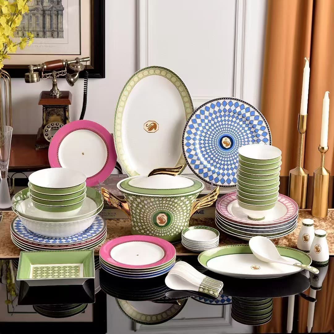 European Simple Home Swarovski Bone China Dinnerware Set Bowls and Plates Gift Ceramic Bowls