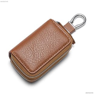 PU Pebble Grain Double Layer Zipper Car Key Case Genuine Leather Key Bag Source Factory Wholesale Waist Hanging Keychain for Men