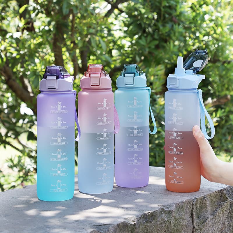 Gradient Color Water Bottle Frosted Space Cup Portable Strap Nozzle Water Cup 1000ml Gym Sports Kettle Adult