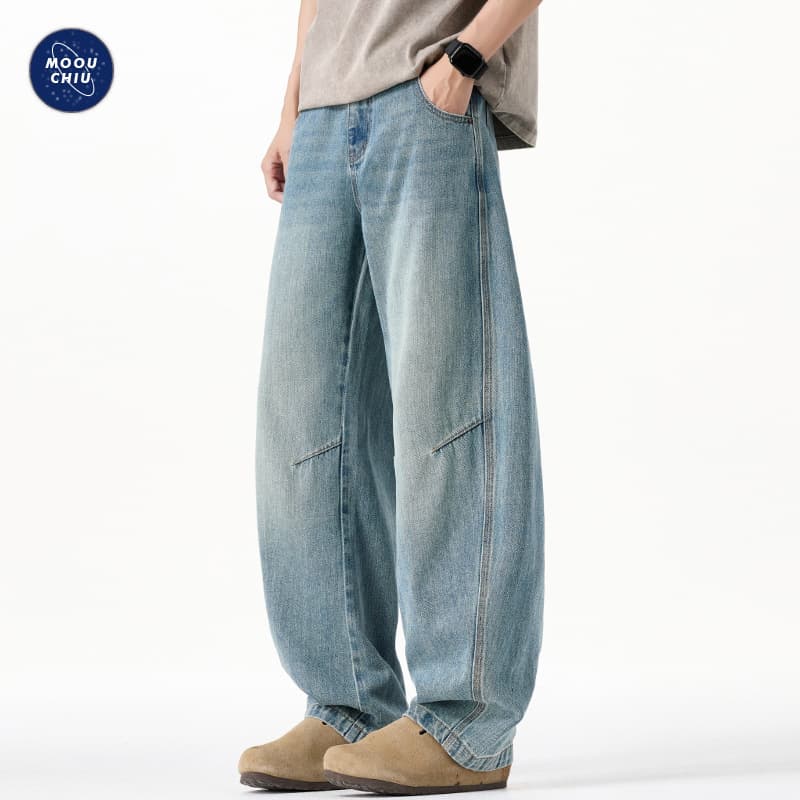 Muqiu Men's Clothing | American Street Retro Curved Knife Washed Denim Jeans for Men, Loose Baggy Wide-Leg Cotton Pants