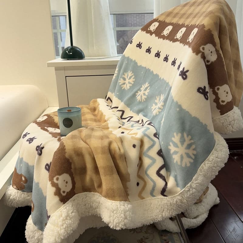 Thickened Autumn/Winter Warm Bear Pattern Lamb Fleece Single/Double Casual Blanket Home Throw Milk Fleece Cover