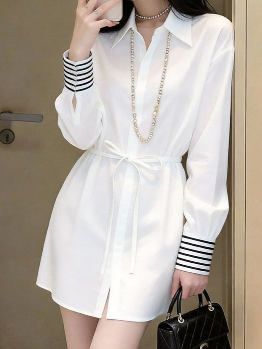 Spring/Fall New Style Korean Fashion White Long-Sleeve Cinched Waist Shirt for Women, Niche Design, Versatile Mid-Length Loose Fit